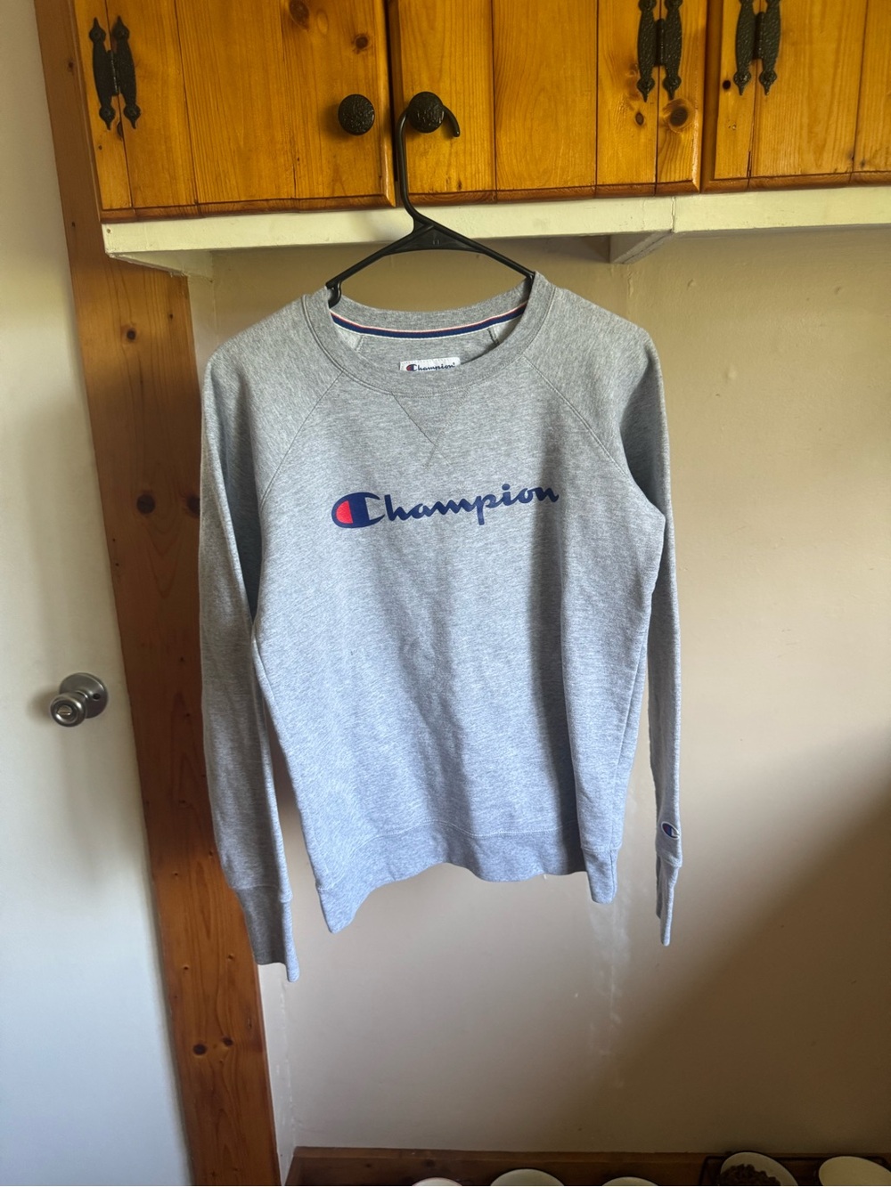Champion Light Gray Crewneck Sweatshirt with Navy & Red Logo